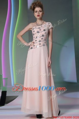 One Shoulder Floor Length Side Zipper Baby Pink and In for Prom and Party with Beading and Appliques