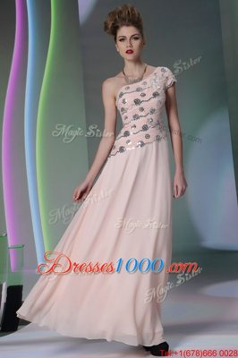 One Shoulder Floor Length Side Zipper Baby Pink and In for Prom and Party with Beading and Appliques
