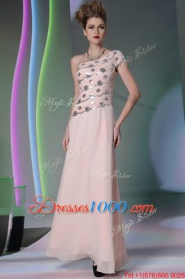 One Shoulder Floor Length Side Zipper Baby Pink and In for Prom and Party with Beading and Appliques