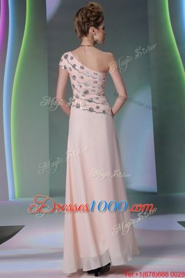 One Shoulder Floor Length Side Zipper Baby Pink and In for Prom and Party with Beading and Appliques