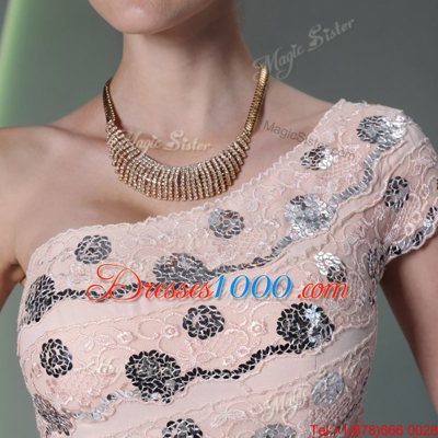 One Shoulder Floor Length Side Zipper Baby Pink and In for Prom and Party with Beading and Appliques