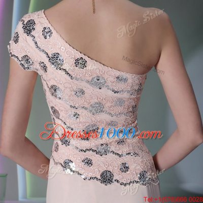 One Shoulder Floor Length Side Zipper Baby Pink and In for Prom and Party with Beading and Appliques