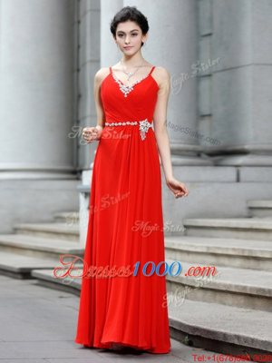 Coral Red Column/Sheath Chiffon Spaghetti Straps Sleeveless Beading Floor Length Zipper Prom Dress
