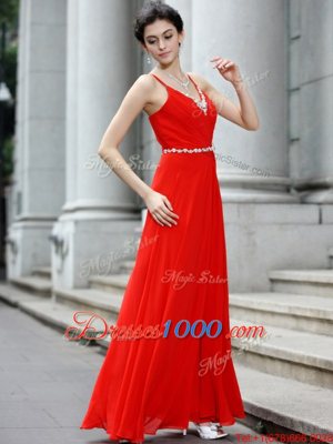 Coral Red Column/Sheath Chiffon Spaghetti Straps Sleeveless Beading Floor Length Zipper Prom Dress