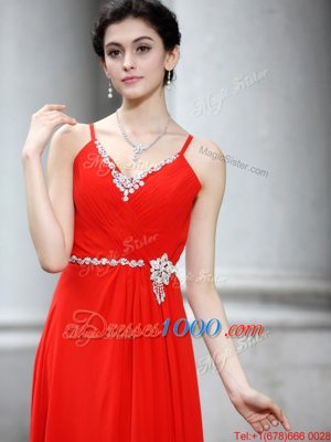 Coral Red Column/Sheath Chiffon Spaghetti Straps Sleeveless Beading Floor Length Zipper Prom Dress