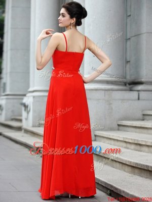 Coral Red Column/Sheath Chiffon Spaghetti Straps Sleeveless Beading Floor Length Zipper Prom Dress