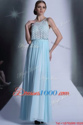 Dramatic Scoop Lace Homecoming Dress Light Blue Side Zipper Sleeveless Floor Length