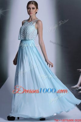 Dramatic Scoop Lace Homecoming Dress Light Blue Side Zipper Sleeveless Floor Length
