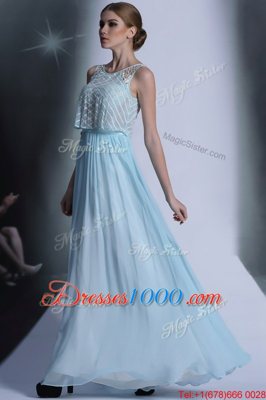 Dramatic Scoop Lace Homecoming Dress Light Blue Side Zipper Sleeveless Floor Length