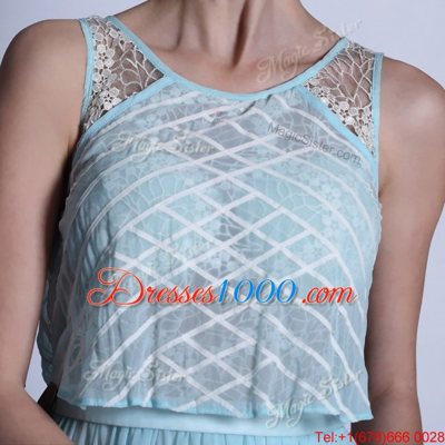 Dramatic Scoop Lace Homecoming Dress Light Blue Side Zipper Sleeveless Floor Length