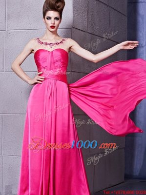 Sweetheart Sleeveless Prom Evening Gown Floor Length Ruching Hot Pink Elastic Woven Satin