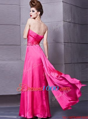 Sweetheart Sleeveless Prom Evening Gown Floor Length Ruching Hot Pink Elastic Woven Satin