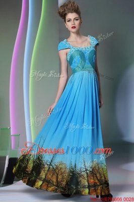 New Arrival Baby Blue A-line Printed Square Sleeveless Appliques and Pattern Floor Length Zipper