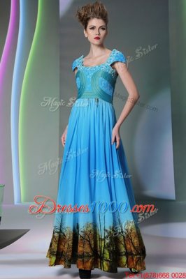 New Arrival Baby Blue A-line Printed Square Sleeveless Appliques and Pattern Floor Length Zipper