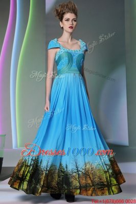 New Arrival Baby Blue A-line Printed Square Sleeveless Appliques and Pattern Floor Length Zipper