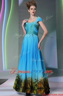 New Arrival Baby Blue A-line Printed Square Sleeveless Appliques and Pattern Floor Length Zipper