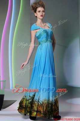 New Arrival Baby Blue A-line Printed Square Sleeveless Appliques and Pattern Floor Length Zipper
