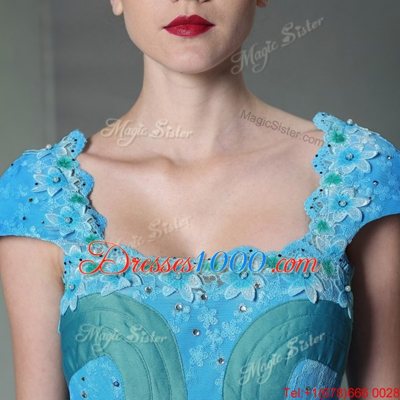 New Arrival Baby Blue A-line Printed Square Sleeveless Appliques and Pattern Floor Length Zipper