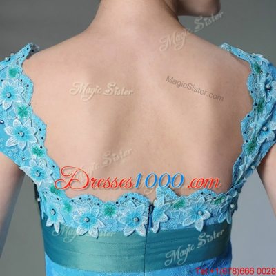 New Arrival Baby Blue A-line Printed Square Sleeveless Appliques and Pattern Floor Length Zipper