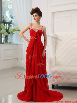 Spaghetti Straps Sleeveless Prom Gown With Brush Train Beading and Ruching Red Chiffon