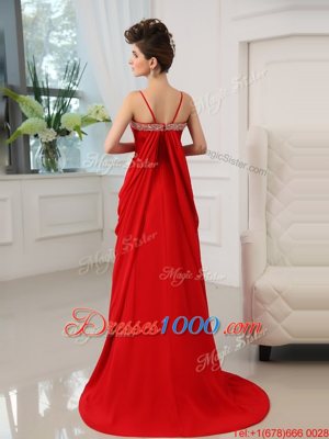 Spaghetti Straps Sleeveless Prom Gown With Brush Train Beading and Ruching Red Chiffon
