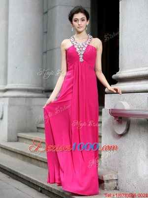 Hot Pink Column/Sheath Chiffon Strapless Sleeveless Beading and Ruching Floor Length Criss Cross Dress for Prom
