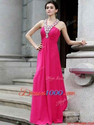 Hot Pink Column/Sheath Chiffon Strapless Sleeveless Beading and Ruching Floor Length Criss Cross Dress for Prom