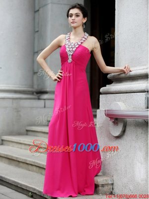 Hot Pink Column/Sheath Chiffon Strapless Sleeveless Beading and Ruching Floor Length Criss Cross Dress for Prom