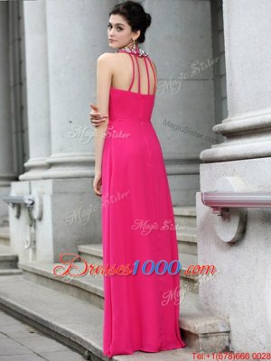Hot Pink Column/Sheath Chiffon Strapless Sleeveless Beading and Ruching Floor Length Criss Cross Dress for Prom