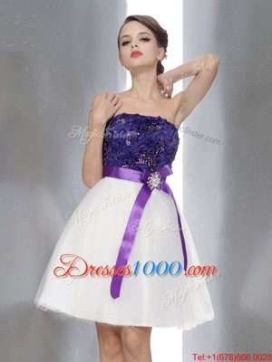 Beauteous White And Purple Strapless Zipper Beading and Sashes|ribbons Prom Dress Sleeveless