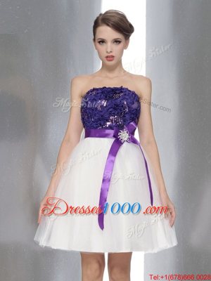 Beauteous White And Purple Strapless Zipper Beading and Sashes|ribbons Prom Dress Sleeveless