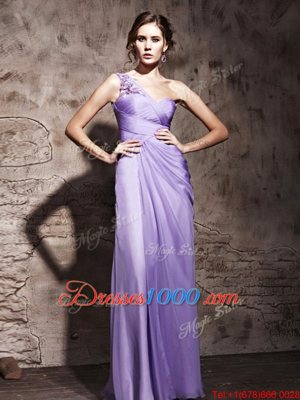 Free and Easy Lavender Column/Sheath One Shoulder Sleeveless Chiffon Floor Length Side Zipper Beading and Ruching Prom Gown
