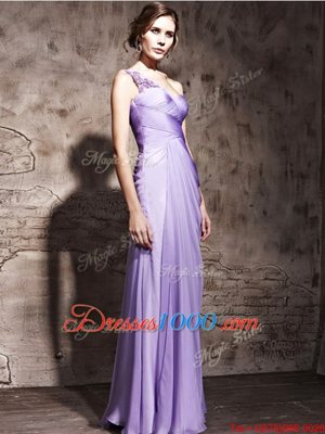 Free and Easy Lavender Column/Sheath One Shoulder Sleeveless Chiffon Floor Length Side Zipper Beading and Ruching Prom Gown