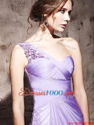 Free and Easy Lavender Column/Sheath One Shoulder Sleeveless Chiffon Floor Length Side Zipper Beading and Ruching Prom Gown