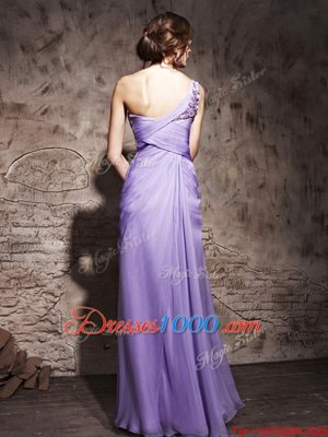 Free and Easy Lavender Column/Sheath One Shoulder Sleeveless Chiffon Floor Length Side Zipper Beading and Ruching Prom Gown