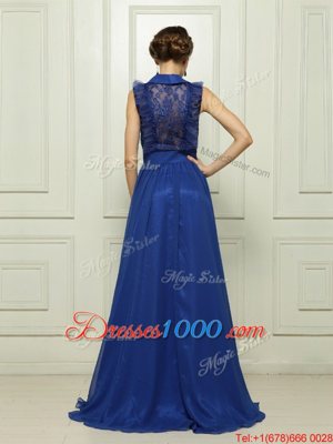 Brush Train Empire Homecoming Dress Blue High-neck Chiffon Sleeveless With Train Zipper