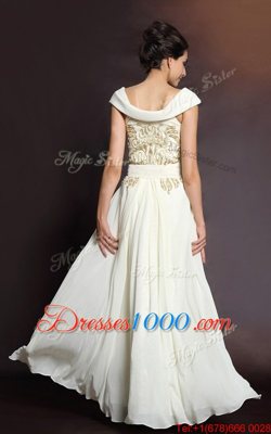 Bateau Cap Sleeves Chiffon Prom Party Dress Beading Side Zipper