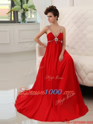 Most Popular Red Chiffon Zipper V-neck Sleeveless Floor Length Prom Party Dress Beading and Ruching