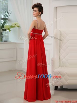 Most Popular Red Chiffon Zipper V-neck Sleeveless Floor Length Prom Party Dress Beading and Ruching