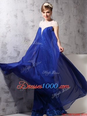 Floor Length Royal Blue Dress for Prom Chiffon and Sequined Sleeveless Lace and Sequins