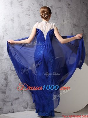 Floor Length Royal Blue Dress for Prom Chiffon and Sequined Sleeveless Lace and Sequins