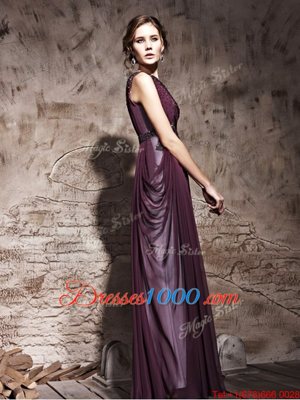 Flirting Purple Satin Side Zipper One Shoulder Sleeveless Floor Length Prom Party Dress Beading and Ruching