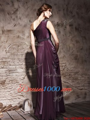 Flirting Purple Satin Side Zipper One Shoulder Sleeveless Floor Length Prom Party Dress Beading and Ruching