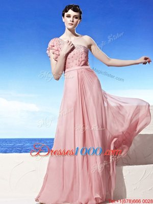 Romantic Pink Empire Chiffon One Shoulder Sleeveless Beading Floor Length Side Zipper Homecoming Gowns