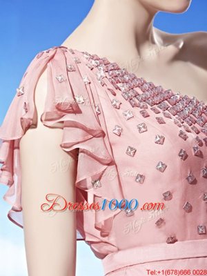 Romantic Pink Empire Chiffon One Shoulder Sleeveless Beading Floor Length Side Zipper Homecoming Gowns