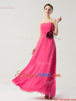Floor Length Hot Pink Prom Dresses Strapless Sleeveless Zipper