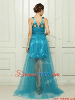 Superior Halter Top Sleeveless Brush Train Criss Cross Dress for Prom Teal Satin
