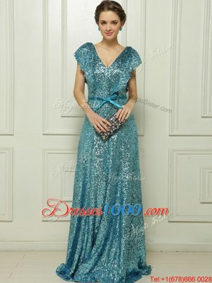 Teal Evening Dresses Prom and Party and For with Sequins and Bowknot V-neck Sleeveless Zipper