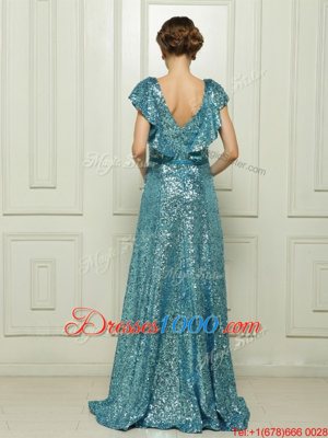 Teal Evening Dresses Prom and Party and For with Sequins and Bowknot V-neck Sleeveless Zipper