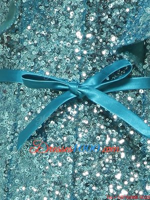 Teal Evening Dresses Prom and Party and For with Sequins and Bowknot V-neck Sleeveless Zipper